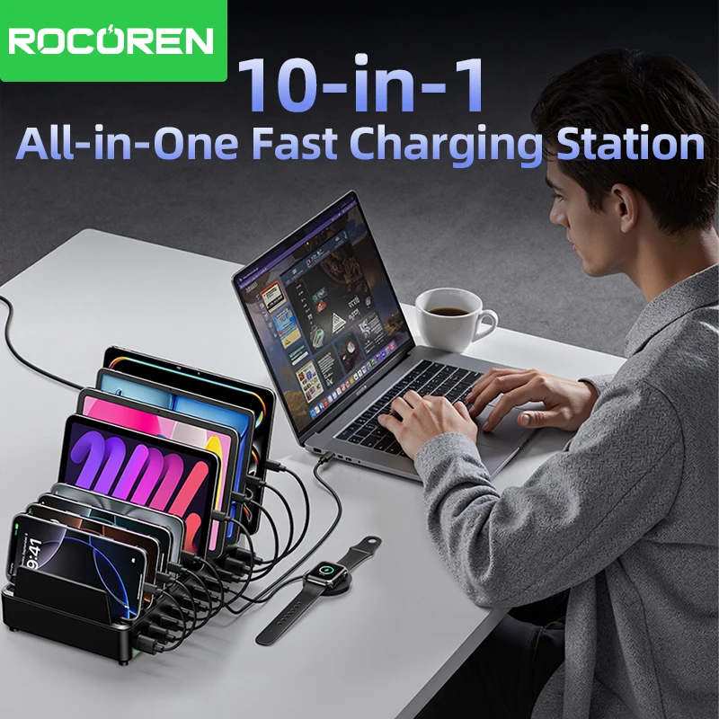 Ładowarka Rocoren 400W GaN, 6-portowa, szybka ładowarka USB typu C do użytku na biurku, przenośna stacja zasilania dla iPhone 17 Pro Max, Xiaomi 14 — zdjęcie produktu 2