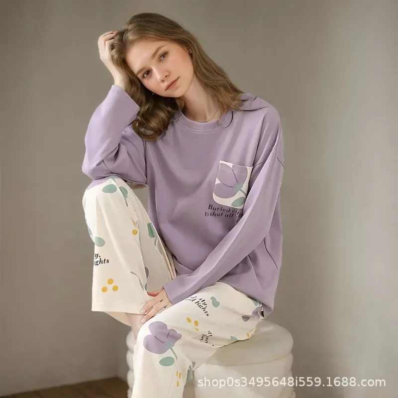 New Women Pajamas Spring Autumn Printed Ladies Plus Size Long Sleeve Long Pant Home Wear Cute Lazy Style Pajamas Students Girls