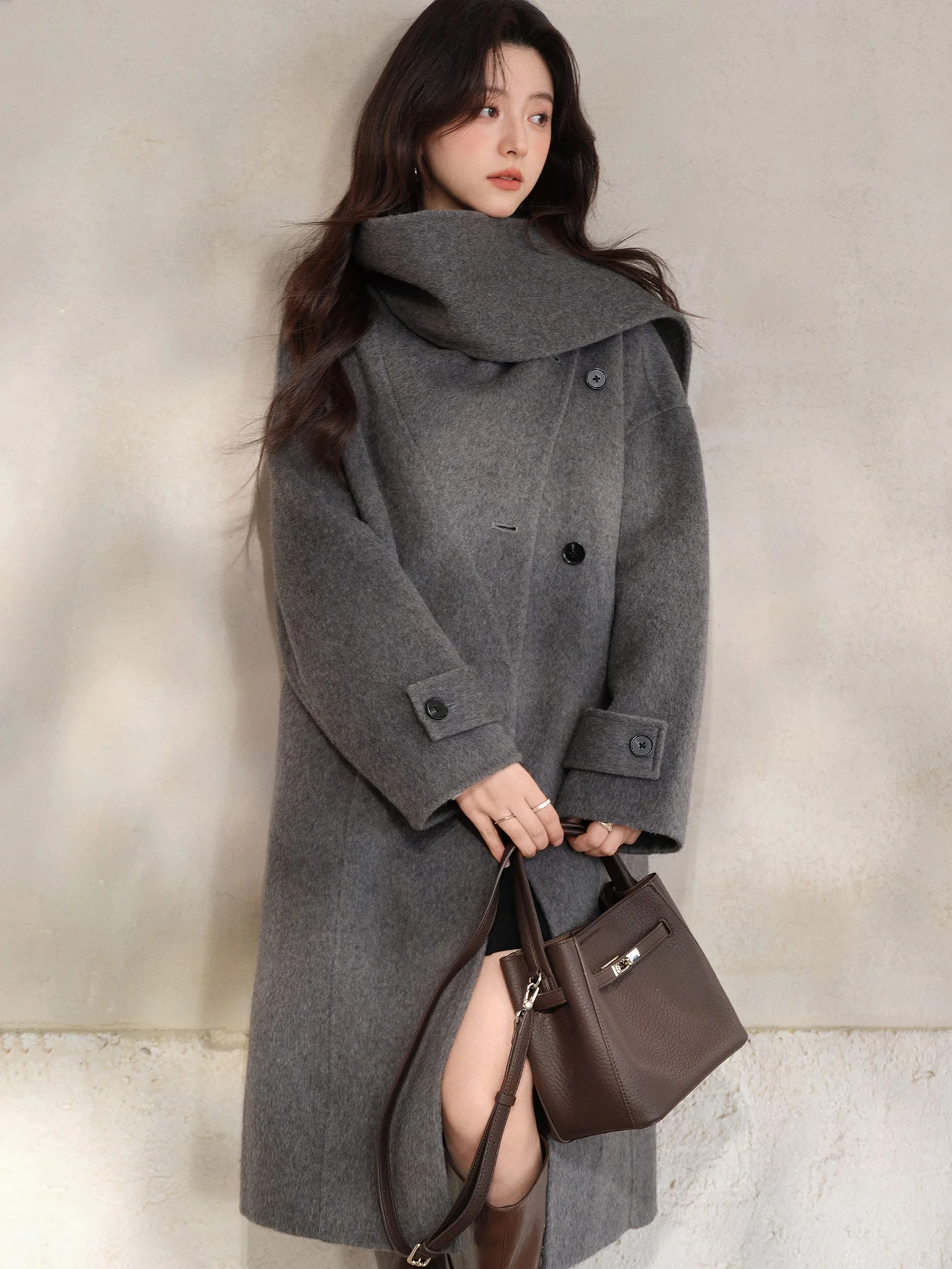 Vintage Scarf-Collar Long Coat for Women Lady Winter Loose Double-Faced Overcoat Elegant Warm Outerwear Chic Daily Commuter Wear