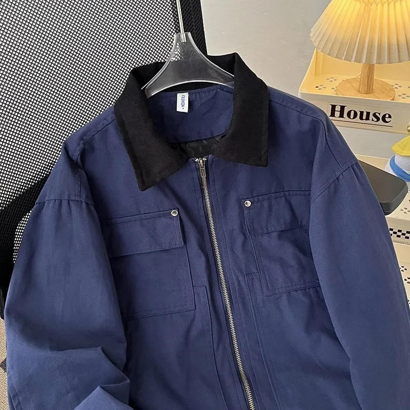 سترة عمال أمريكية كلاسيكية فضفاضة غير رسمية للرجال نمط الطيار ملابس خارجية عصرية من ألياف البوليستر بسحاب إغلاق ربيع الخريف