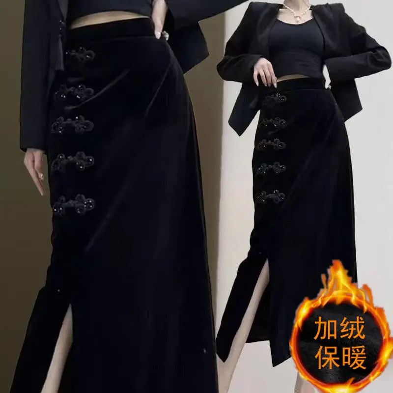 2026 Spring Autumn New Women's Dress with Velvet National Style Buckle Skirt Retro Gold Velvet Female High Waist Split Hip Skirt