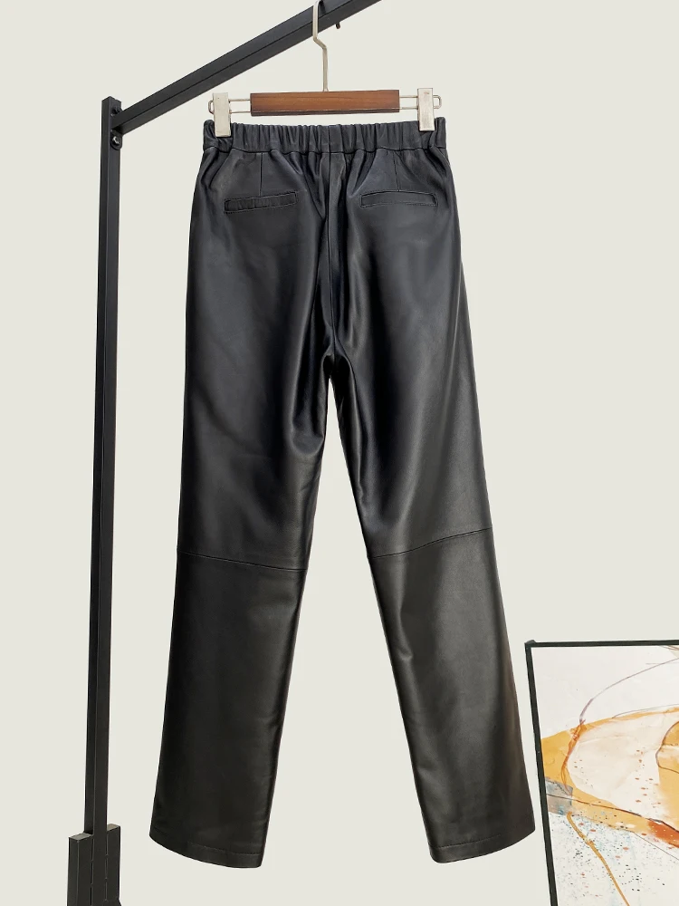 Winter New High Quality Genuine Leather Pants Women's Waist Sheepskin Cropped Simple All-Matching Straight