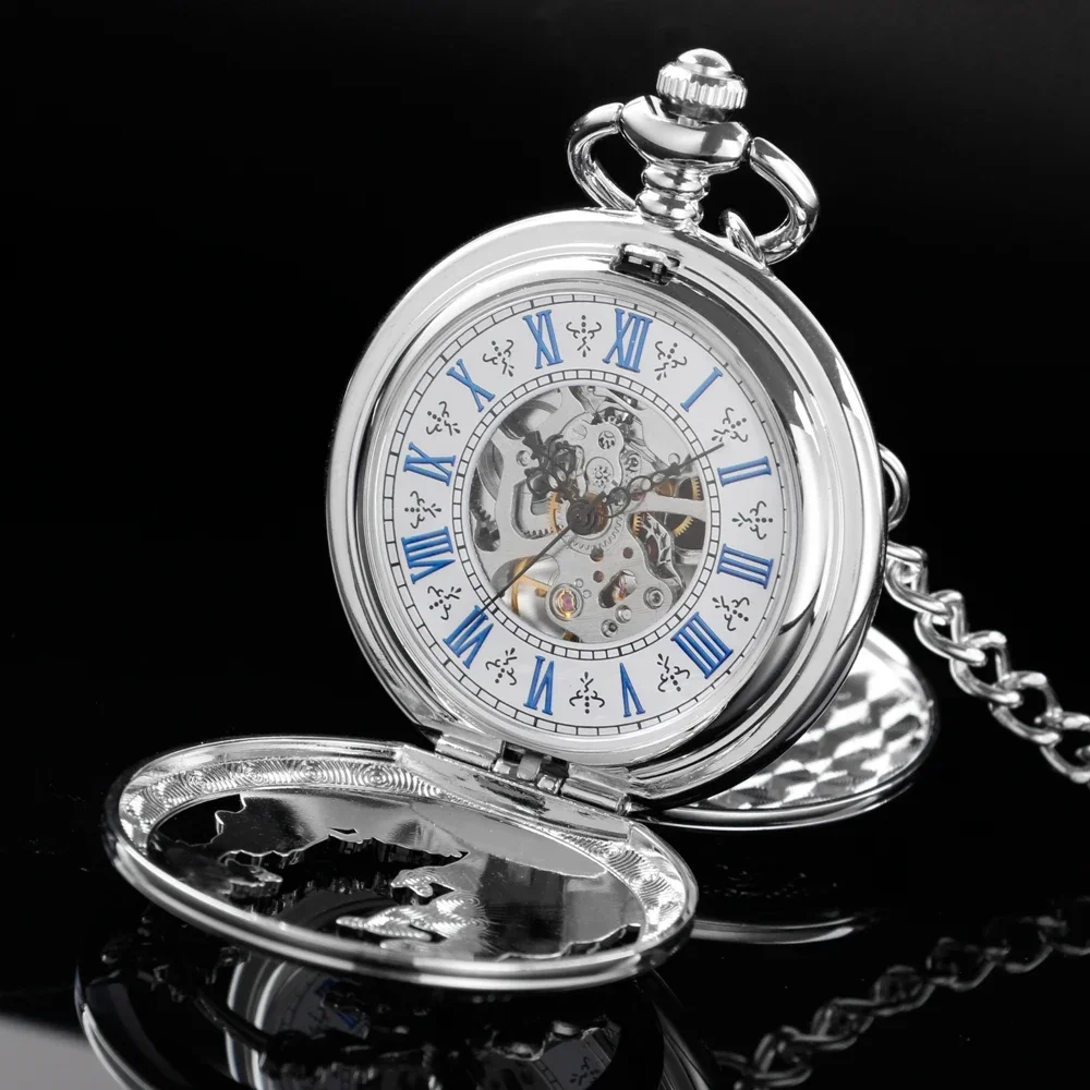 NEW Mechanical Pocket Watch Engrave Pendant Fob Chain Reloj for Men Antique Sliver Montre De Poche