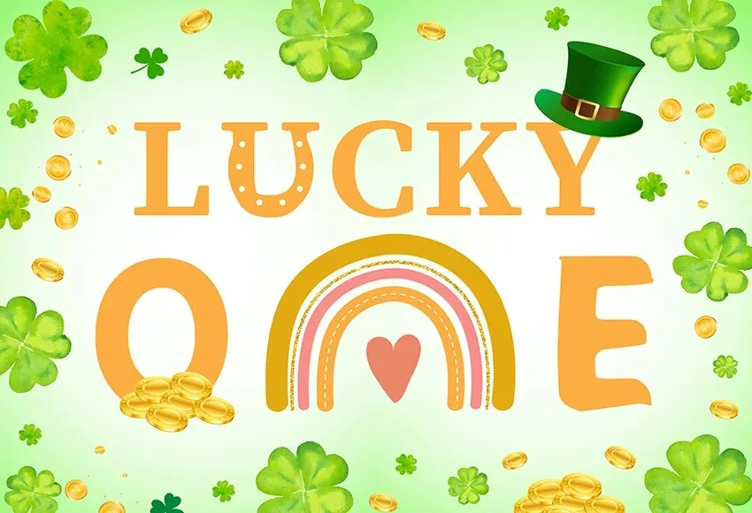 Lucky One Green Clover Shamrock Spring Baby Shower Backdrops Photography St Patrick Hat Golden Coins Birthday Rainbow Background