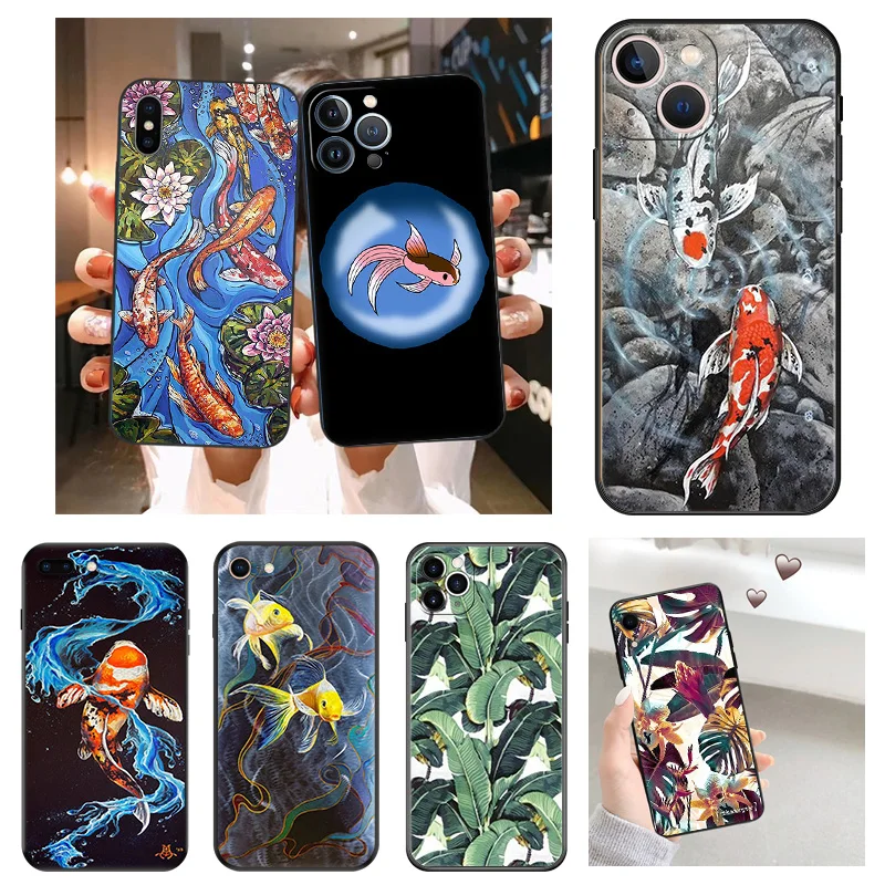 Fashion Plants Leaves Leaf Goldfish Silicone Soft Phone Cases Cover for iphone 15 Pro Max 14 13 Plus 12 Mini 11 7 8 6 SE X XS XR