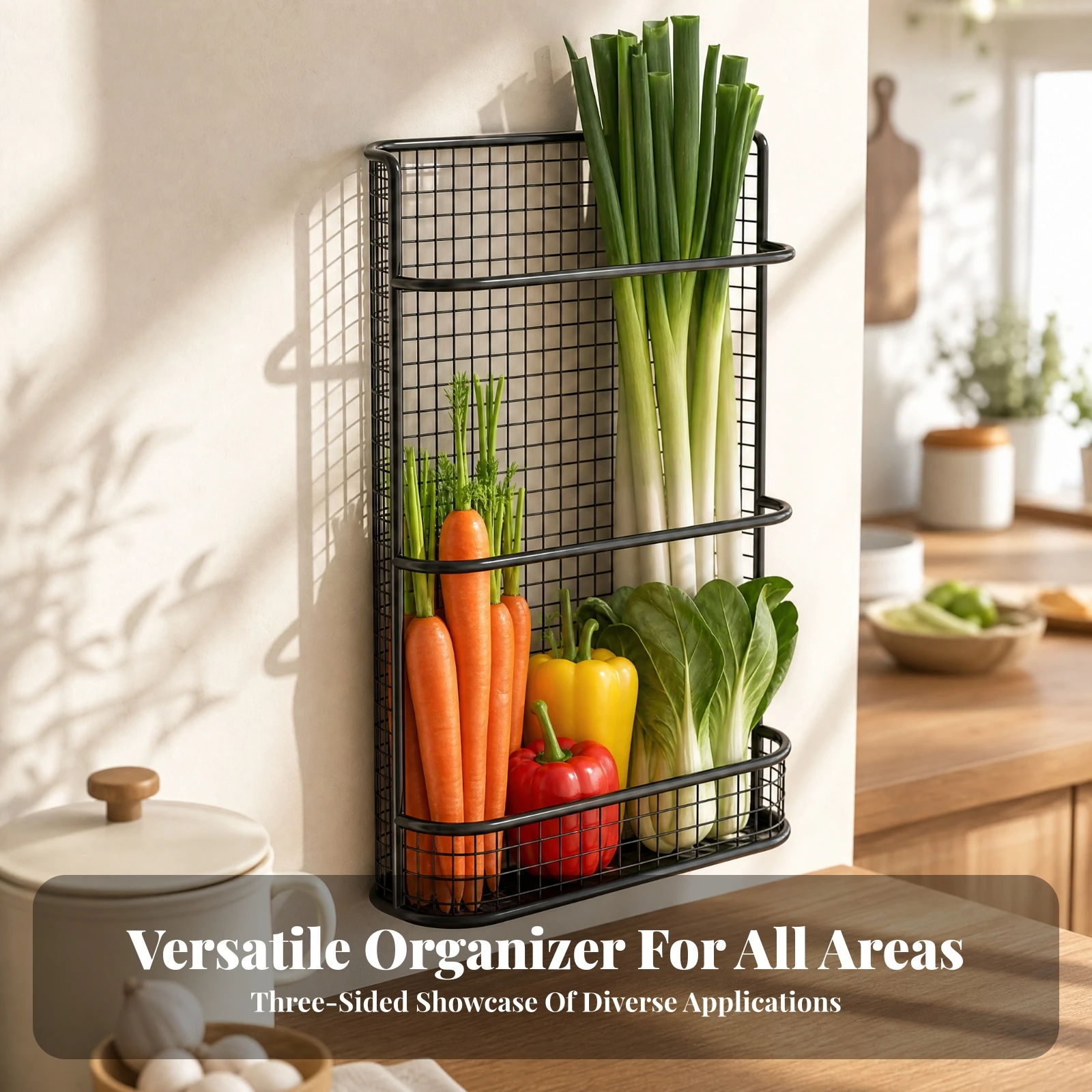 Space Saving Multi-section Food Organizer Rack Coated Wire Grid with Rounded Edges for Pantry Counter