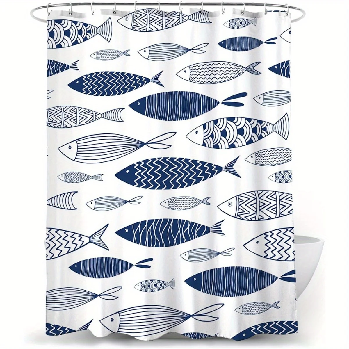 

Nautical Fish Curtain Set - 12 Hooks, Polyester, Waterproof, Machine Washable, White & Blue