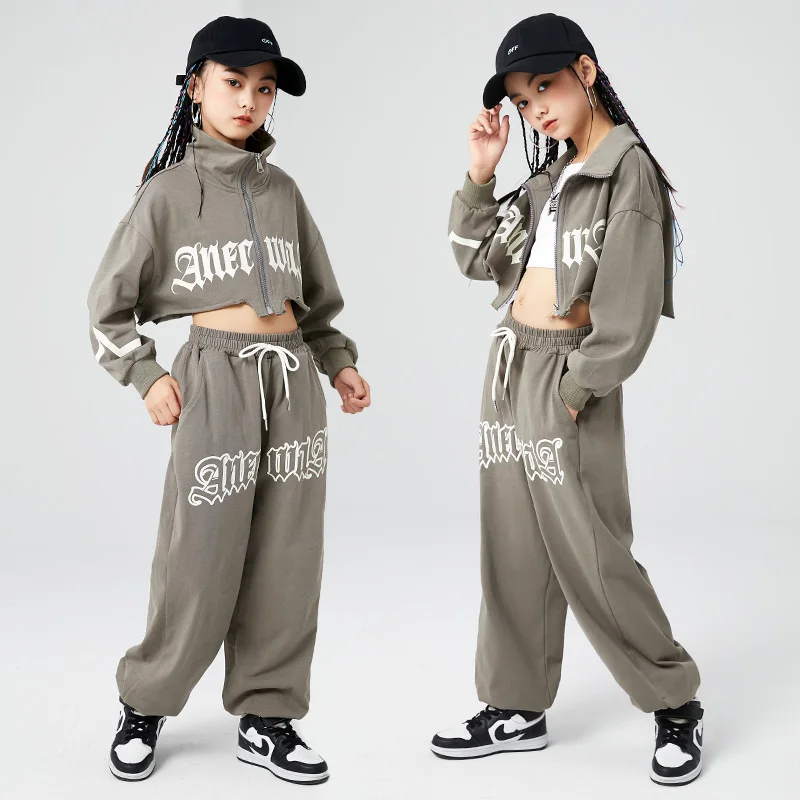 ジャズダンスの女の子のための衣装、kpop服、キッズヒップホップの服、10代の灰色のショートスウェットシャツ、カジュアルなスポーツのスウェットシャツ