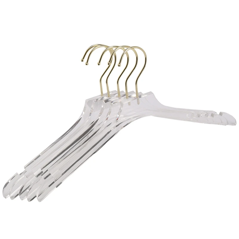 New 5 Pcs Clear Acrylic Clothes Hanger With Gold Hook, Transparent Shirts Dress Hanger With Notches For Lady Kids