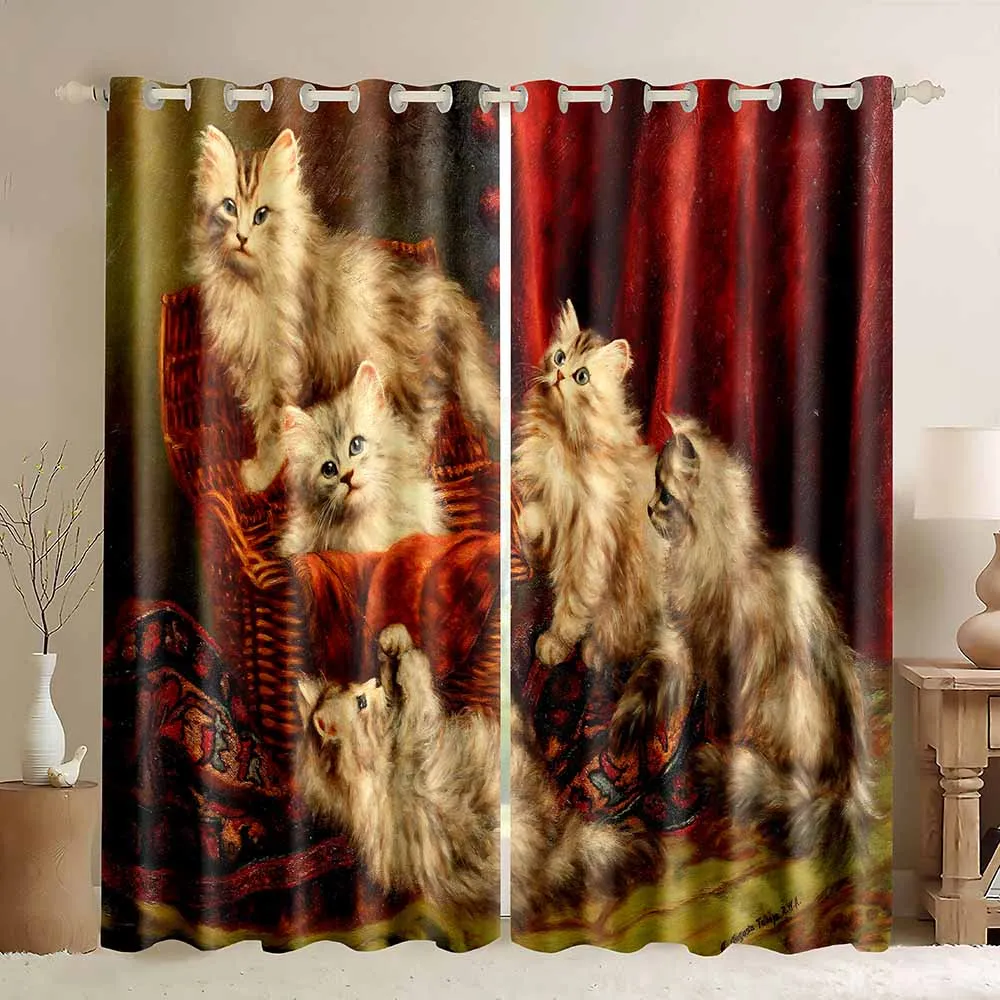 

Oil Painting Cats Window Curtains,Kitten Playing In A Basket,Cartoon Animal Funny Lovely Cheerful Kitty Blackout Curtains