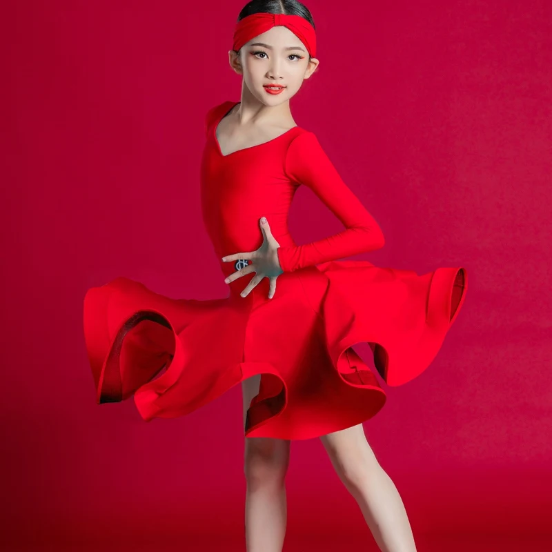 2025 haut à manches longues jupe en arête de poisson robe de danse latine Chacha Rumba danse filles Performance Costumes costume de compétition DQL11578