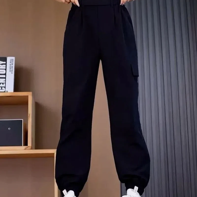 Modna odzież damska w stylu vintage Jednokolorowe elastyczne kieszenie Wiosenne jesienne spodnie Bloomers Cargo Przycięte spodnie z wysokim stanem