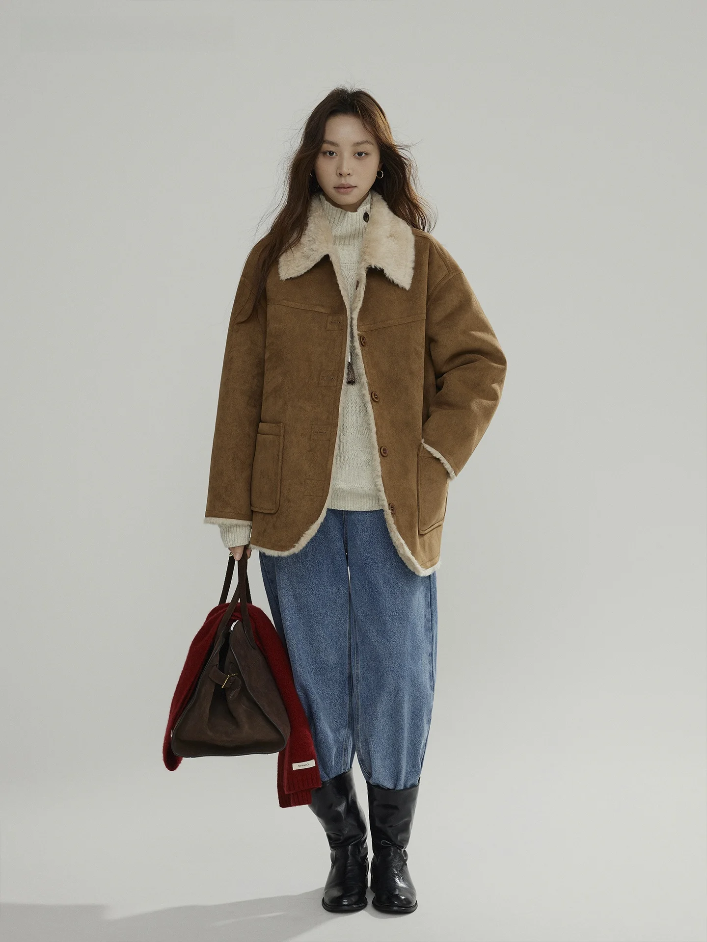 Joli اختر معطف نسائي من جلد الغزال على الوجهين من الفرو كاجوال Sle طويل Sve معطف بأزرار إغلاق ملابس خارجية فضفاضة تناسب