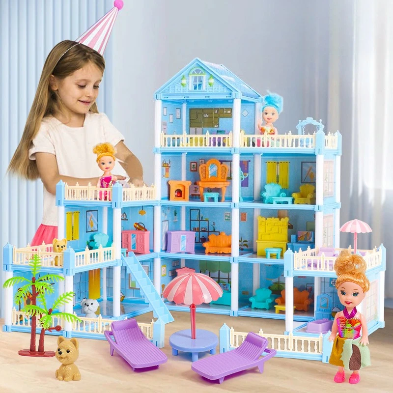 DIY Dream Princess Castle Villa Assembly Doll House Set Toy Girl Family Toy Children's Music Doll House Assembly Villa House