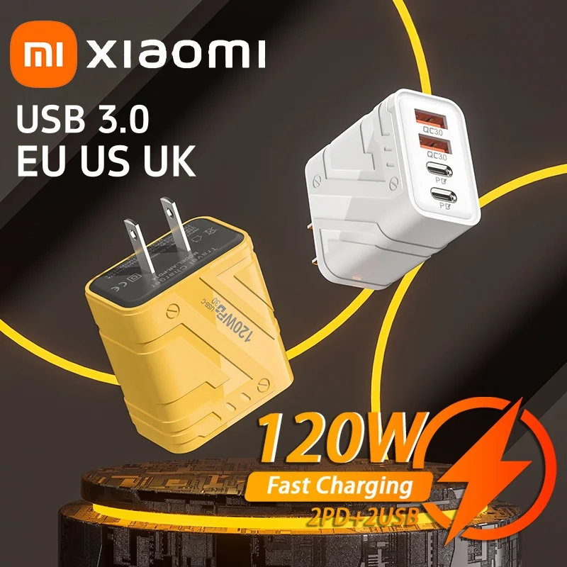 Xiaomi 120W 4 Ports Fast Phones Charger Quick Charge USB 3.0  PD Charger Adapter For iPhone Samsung EU US UK Plug Wall Adapter