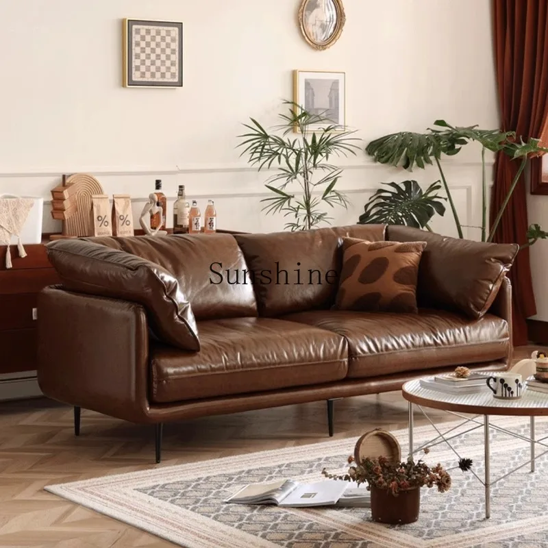 

Retro leather sofa cowhide living room Italian design, straight row small apartment surrounded