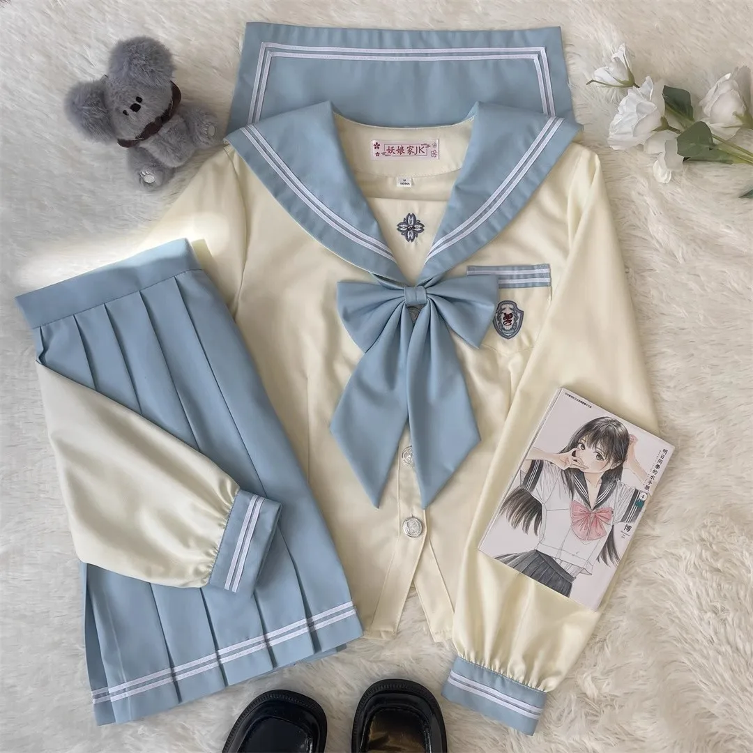 日本韓国学校制服ガール JK 制服セーラースーツブルーセーラー服ブラウス夏プリーツスカートアニメ COS 衣装女性