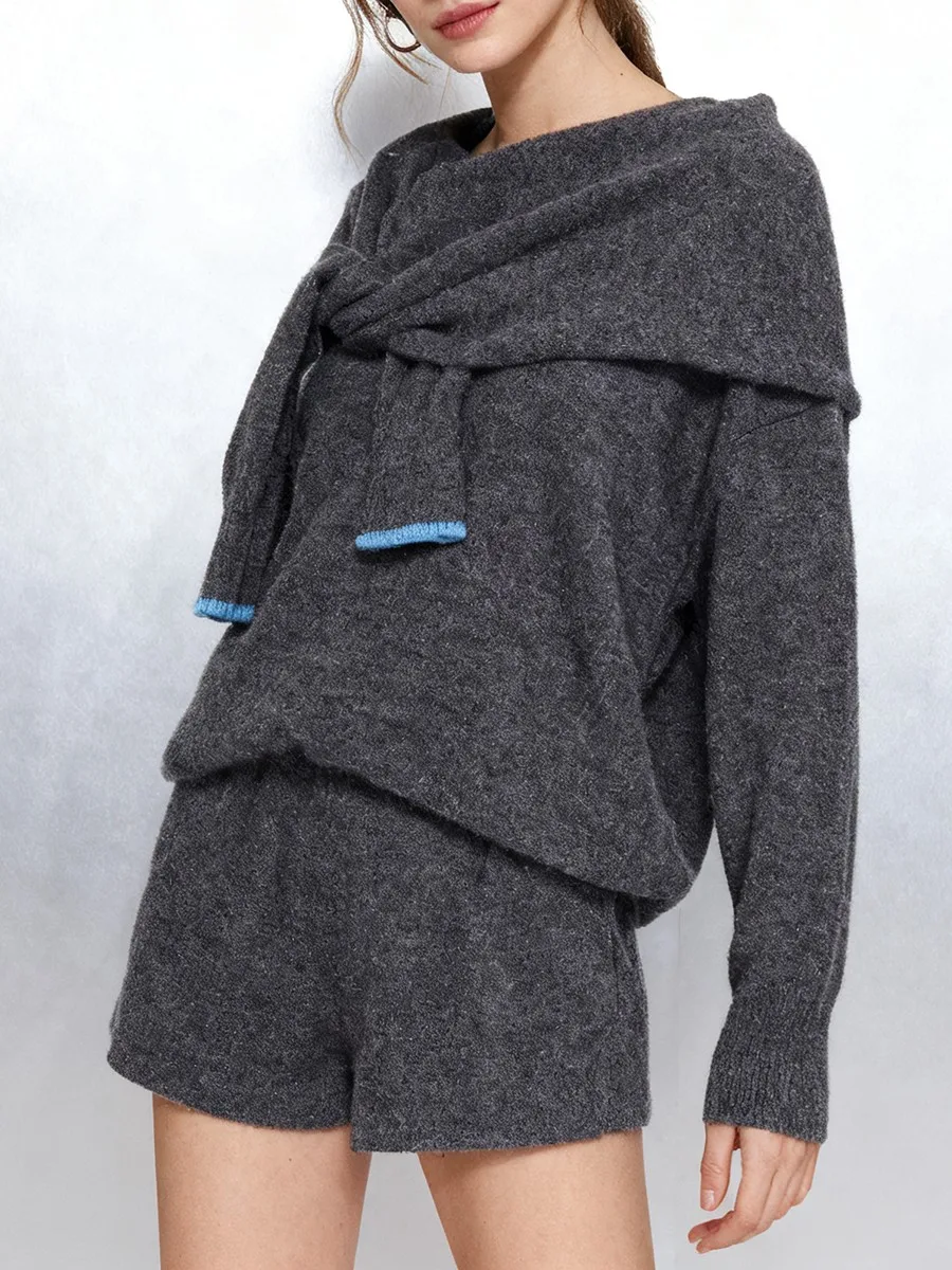 TWOTWINSTYLE FakeTwo قطعة مجموعة سترة للنساء شال طوق كم طويل أنيق مكتب رمادي سليم تريكو أنثى الاسلوب المناسب #3