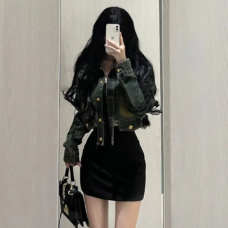 

Женские комплекты платьев, однобортные джинсовые куртки с отложным воротником, облегающее платье без рукавов с запахом и ягодицами, основы из двух предметов