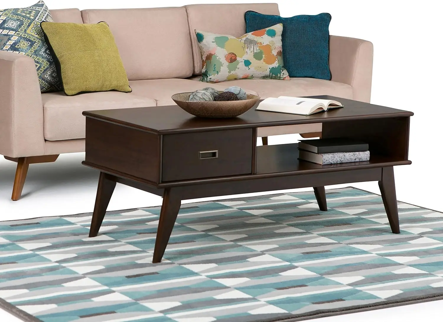 SOLID HARDWOOD 48 inch Wide Rectangle Coffee Table in Medium Auburn Brown, for the Living Room and Family Room