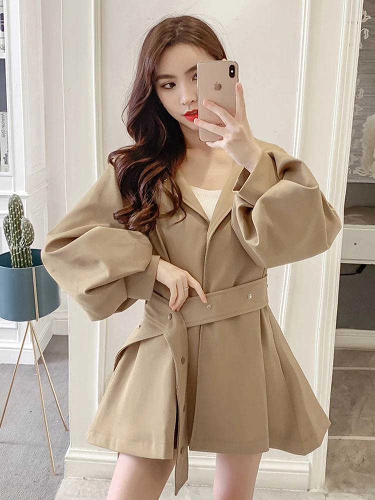 Elegant Belt Trench Women Fashion Lantern Sleeve Slim Sweet Fall Coat Casual Chic Single Breasted Female Solid Hooded Jacket Top