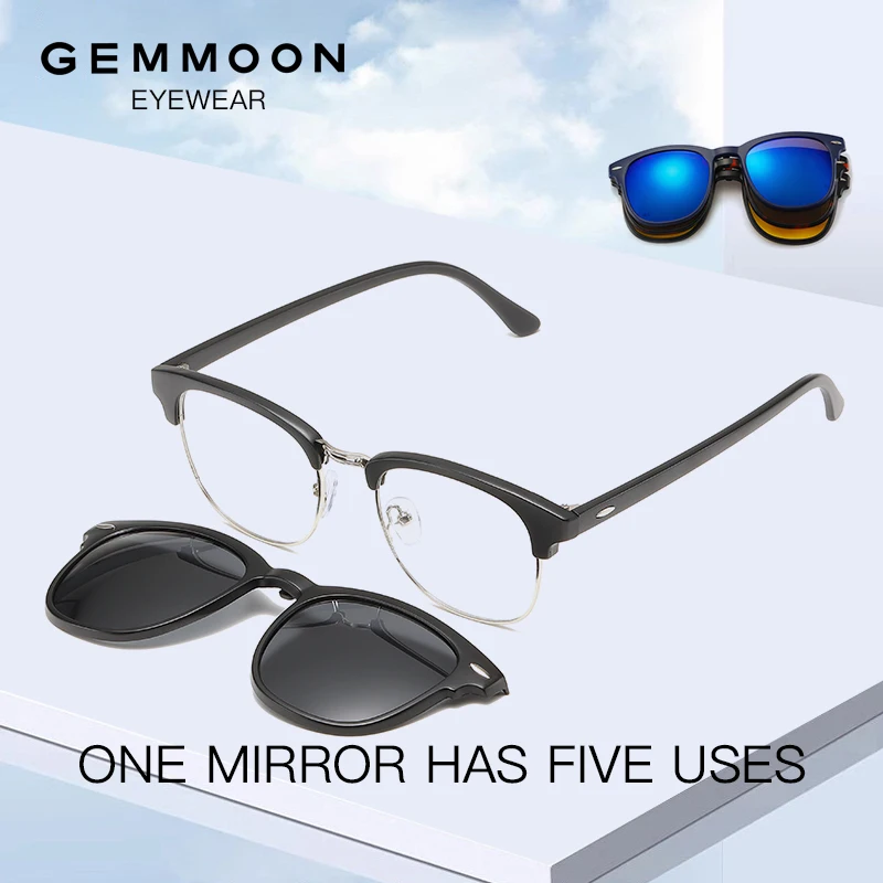 Myopia Glasses Men Fashionable Retro Black Frames With 4 Pairs Of Magnetic Sunglasses Clip Set Mirror A Mirror Multi-purpose