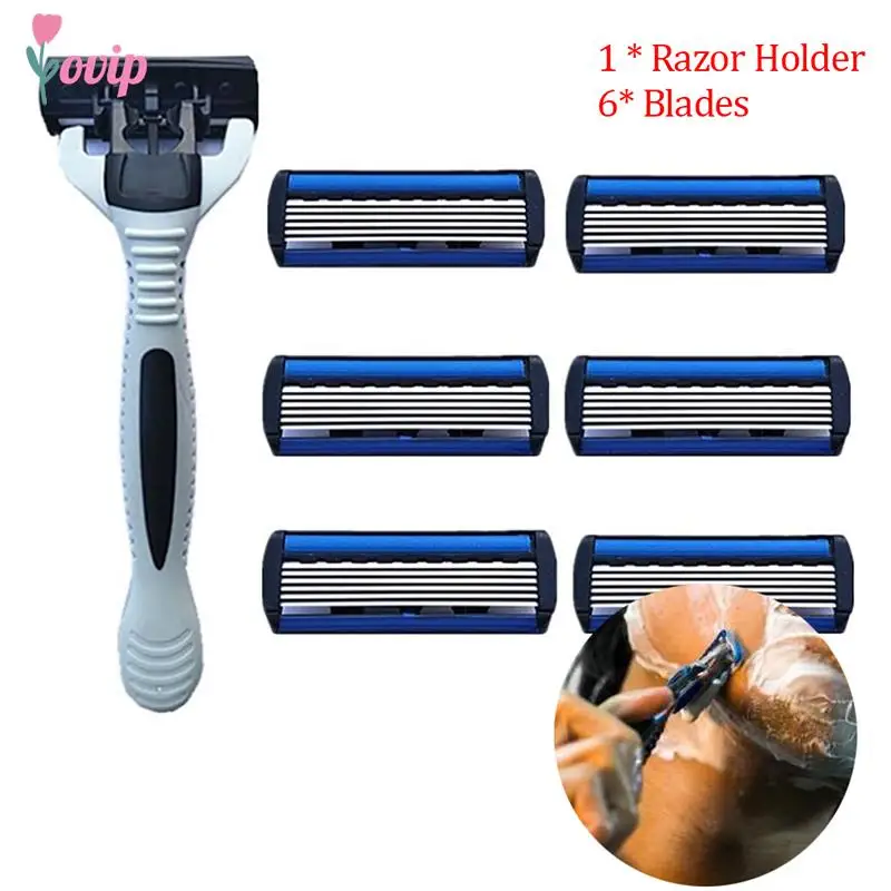 

6 Layers Men's Safety Razor 1 Razor Holder + 6 Replacement Blades Head Cassette Hair Trimmer бритва мужская afeitadora