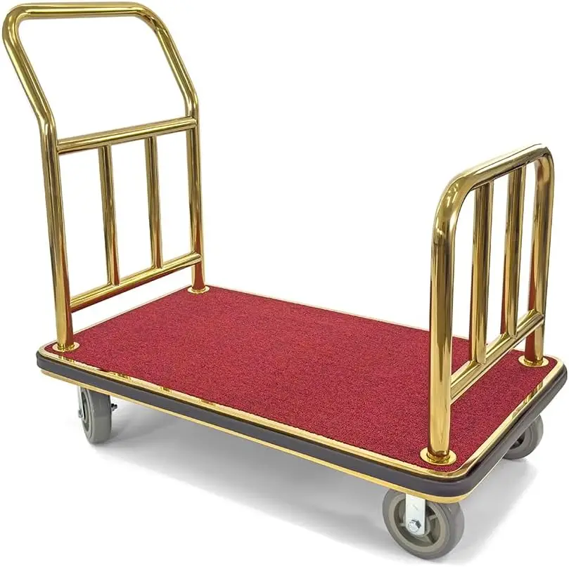 Bellman's Cart  Rectangular Red Carpet Base  Steel Deluxe Platform Truck  Gold.