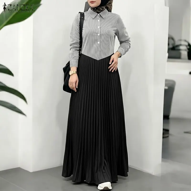 

Stylish Women Patchwork Muslim Abaya Maxi Dresses ZANZEA Ramadan Robe Femme Casual Long Sleeve Pleated Sundress Kaftan Vestido