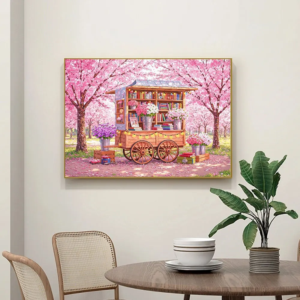 Huacan 5D DIY Diamond Painting Cherry Blossom Tree Bookshelf Flowers Diamond Mosaic Landscape Set Home Decoration view 3