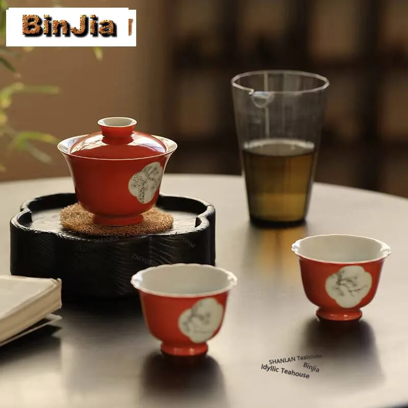 140ml Hand-painted Lotus Rhyme Gaiwan Antique Window Opening Alum Red Tea Tureen Tea Maker Cover Bowl Cha Chinese Tea Set Gift