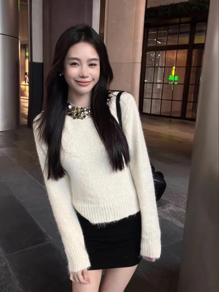

Glitter Round Neck Pullover Sweater Women French Fashion Slimming Long Sleeved Knitted Pull Femme Clothes Base Tops