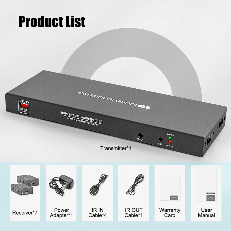 HDMI Extender Splitter 1x7 1080P@60Hz Over Cat 5E/6/7 Ethernet Cable 50m Support HDMI loopout EDID Copy POC Function Monitor