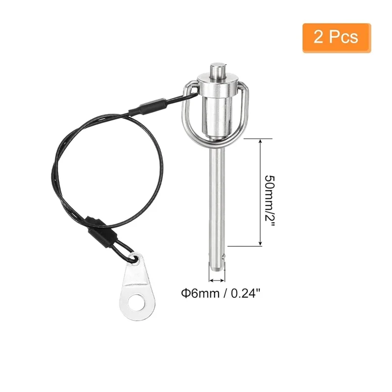 RMWIN-Stainless Steel Ring Handle Locking Pins(2 Pieces), 6X50mm(Dia. X L), Quick Release Push-Button Ball Design With Wire Incl