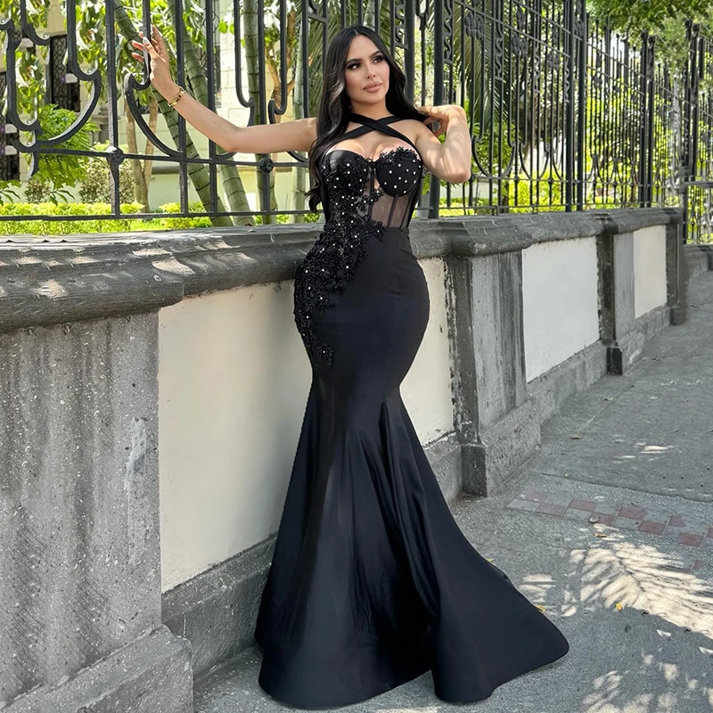 

Thinyfull Black Mermaid Prom Evening Dresses Sweetheart Beadings Satin Party Dress Formal Night Cocktail Prom Gowns Custom Size