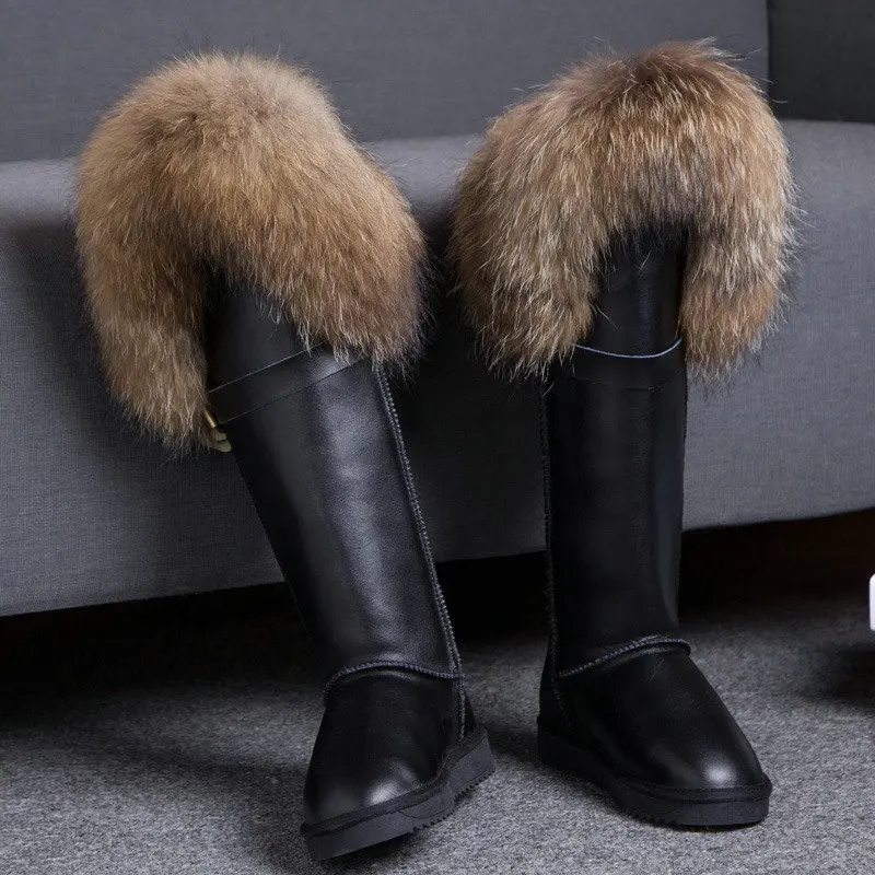 Botas de nieve de piel de zorro Natural para mujer, zapatos de piel de mapache, botas de cuero de gamuza auténtica, botas hasta la rodilla, zapatos planos cálidos para mujer