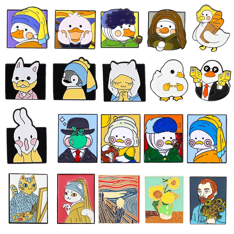 Creative Cartoon Duck In Oil Painting Enamel Pins Vintage Artist Self Portrait Brooch Badge Trendy Unique Lapel Jewelry Gifts