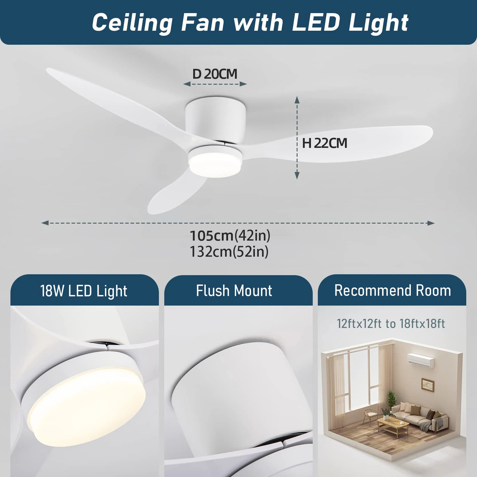 IRALAN Low Floor Ceiling Fans 52/42 Inch Remote Control Cooling Fans Lamp Design Ceiling Fan With Light White wood Color FAN