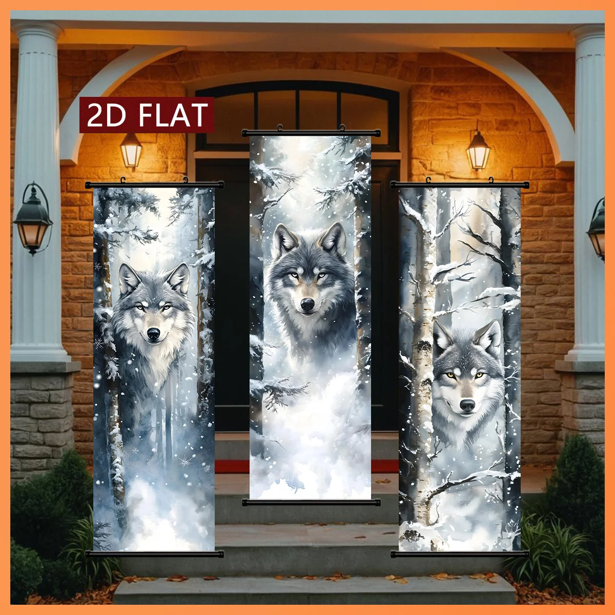 VIKAMA Gray Wolf in Snowy Forest 3 Piece Wall Scroll Tapestry Set Watercolor Wildlife Poster Wall Decor for Living Room Bedroom