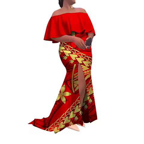 Women'S Dress Half-Printed One-Shoulder Slit Long Floor-Length Slimming Fishtail Dress Polynesian Evening Dress Custom-Made