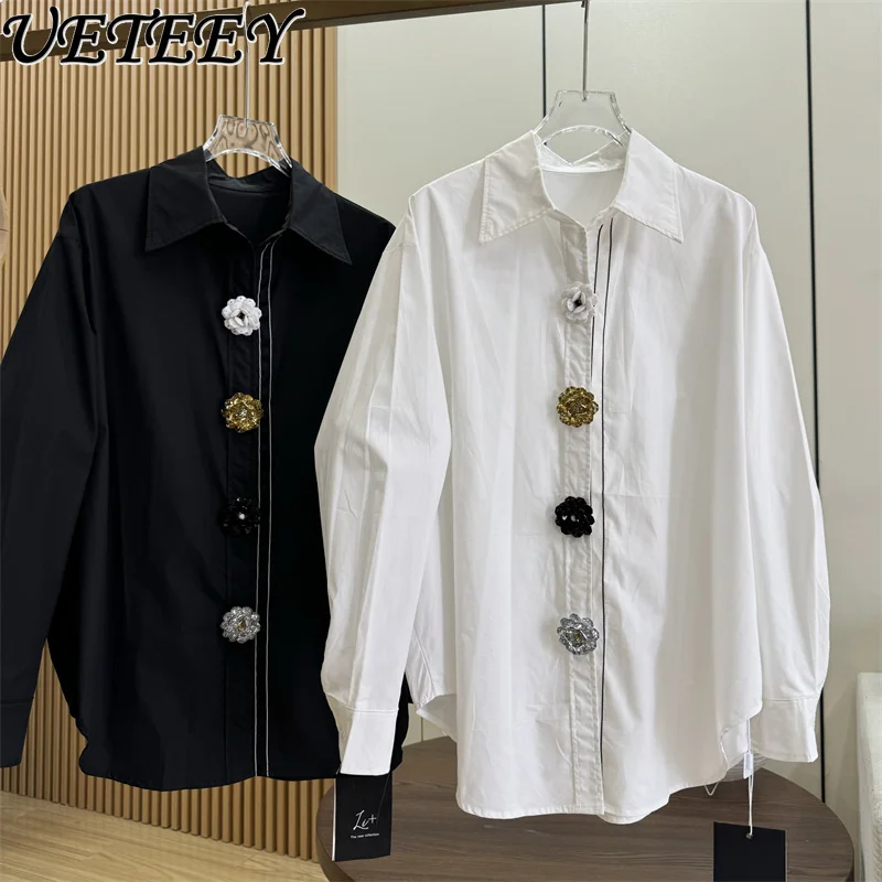 

Осень 2023, новая однобортная хлопковая рубашка оверсайз с объемным цветком и длинными рукавами, модная свободная повседневная белая блузка, топ