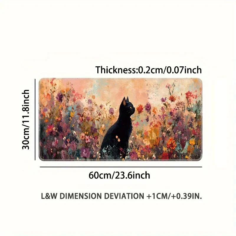 Black Cat In Floral Field Extra Large Gaming Desk Mat Non-Slip Rubber Base Mouse Pad