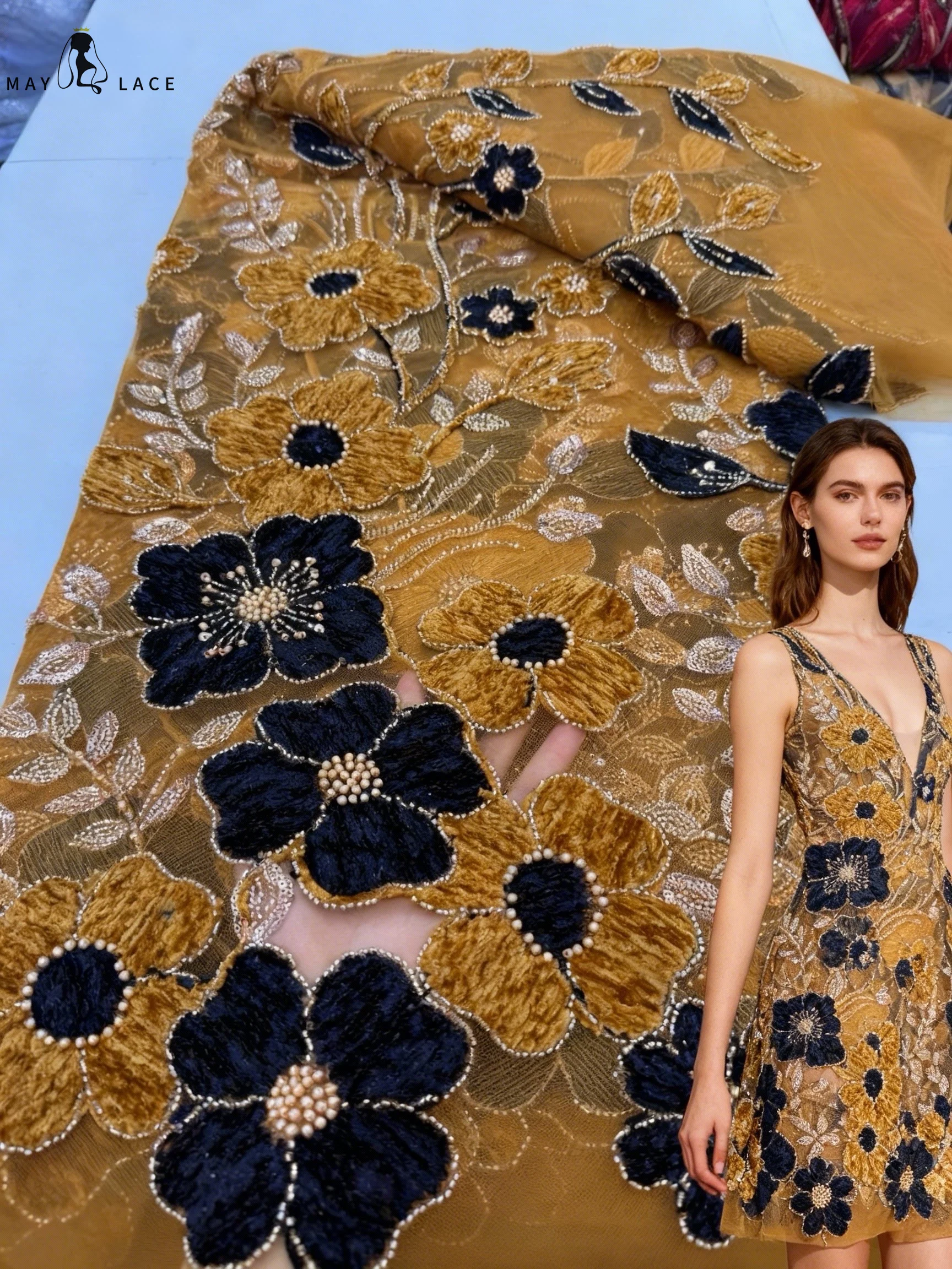 

Luxury Sequins 3D Lace Fabric 2026 High Quality Lace French African Beaded Nigerian Embroidery Mesh Nigerian for Women's Sewing