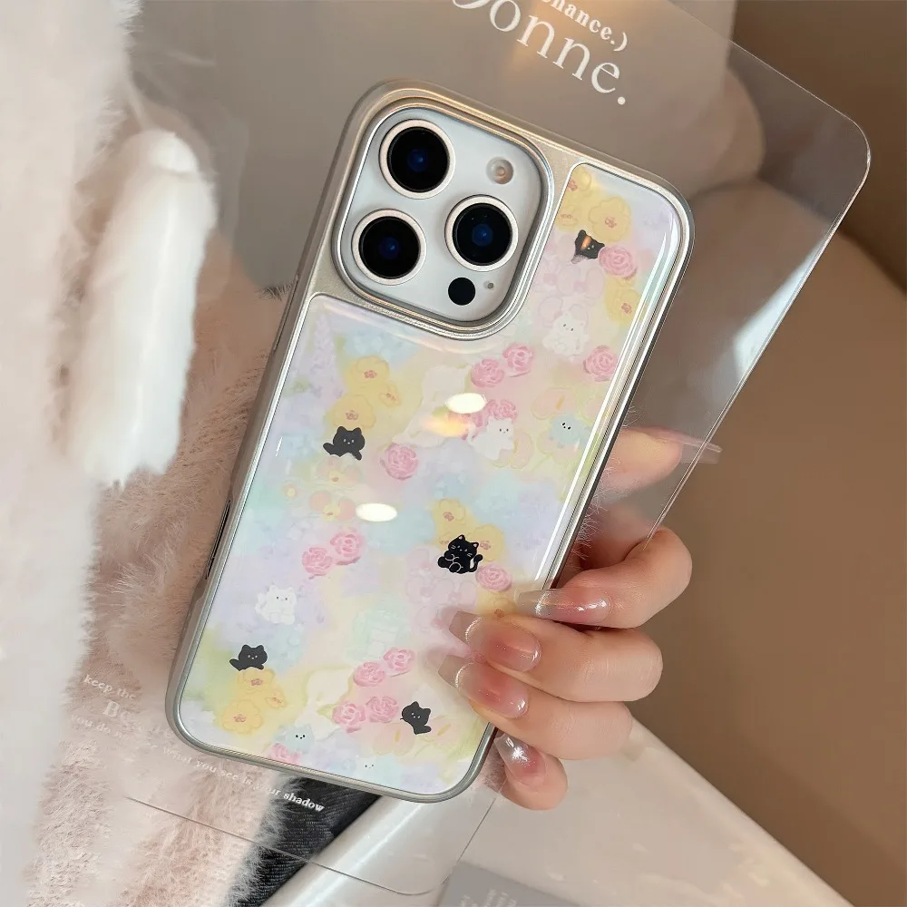 Ins زهرة البحر القط نمط الفضة حافة الايبوكسي مكافحة الإفلات جراب هاتف آيفون XR/11/12/13/14/15/16/17 برو ماكس جراب هاتف