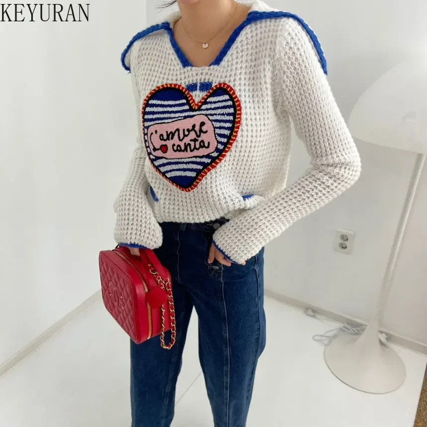 2024 Autumn Winter Sailor Collar Pullover Sweater Women Korean Fashion Long Sleeve Love Striped Knitted Sweaters Woman Jumper