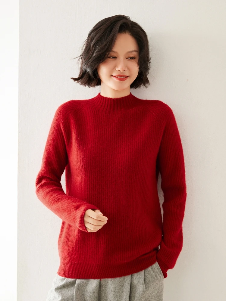 

Light Luxury 100% Pure Cashmere Knitted Pullover Sweater Autumn Winter Women Mock Neck Thick Warm Loose Basic Tops Versatile
