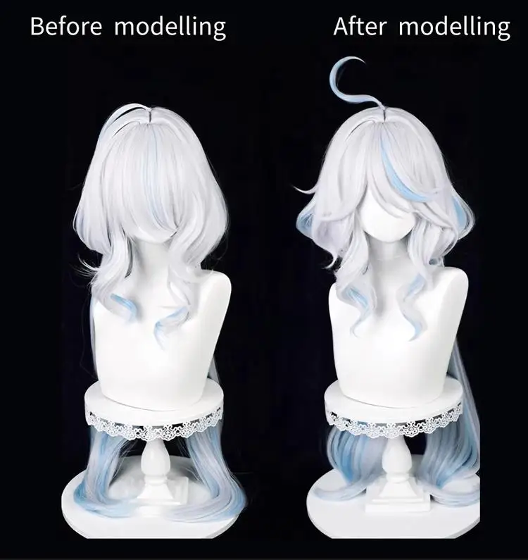 원신 임팩트 포칼러 코스프레 가발, 실버 화이트 연청 하이라이트 가발, 긴 곱슬 가발, 코스프레 액세서리용 레이어드 가발