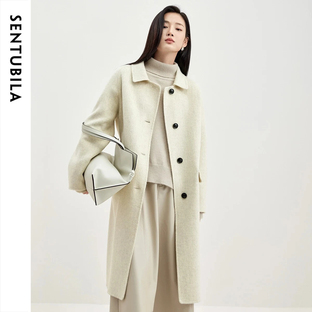 SENTUBILA Pure Wool Long Coat for Women 2026 Casual Lapel Collar Loose Trench Coat Winter Warm Ladies Outerwears W54OF3636X
