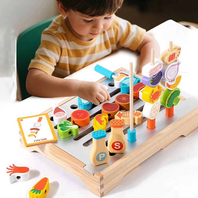 Montessori de madeira fingir jogar brinquedos de cozinha sobremesa quebra-cabeça brinquedos simulação churrasco fingir papel jogo interior para crianças idade 3 +