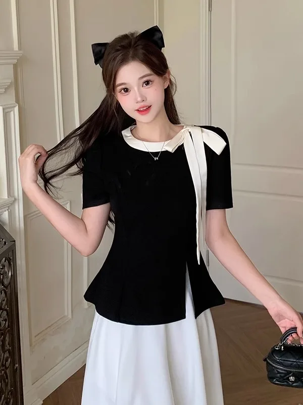 

Женская футболка больших размеров с узлом и разрезом ort Sve Color Blo, утягивающий топ для лета, повседневная одежда, полиэфирное волокно